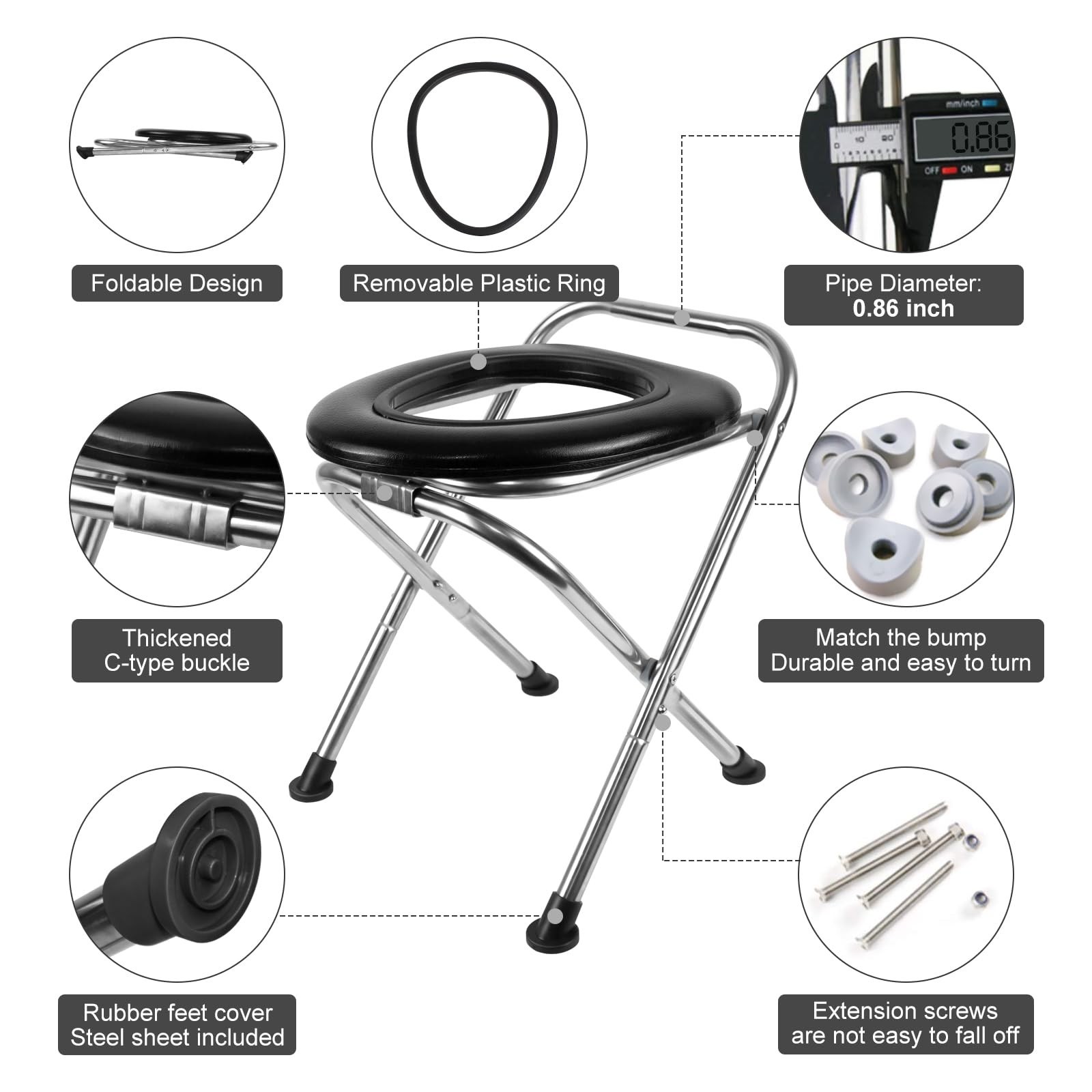 Portable Camping Toilet 350LBS, Stainless Steel Foldable Travel Toilet, Soft Sea