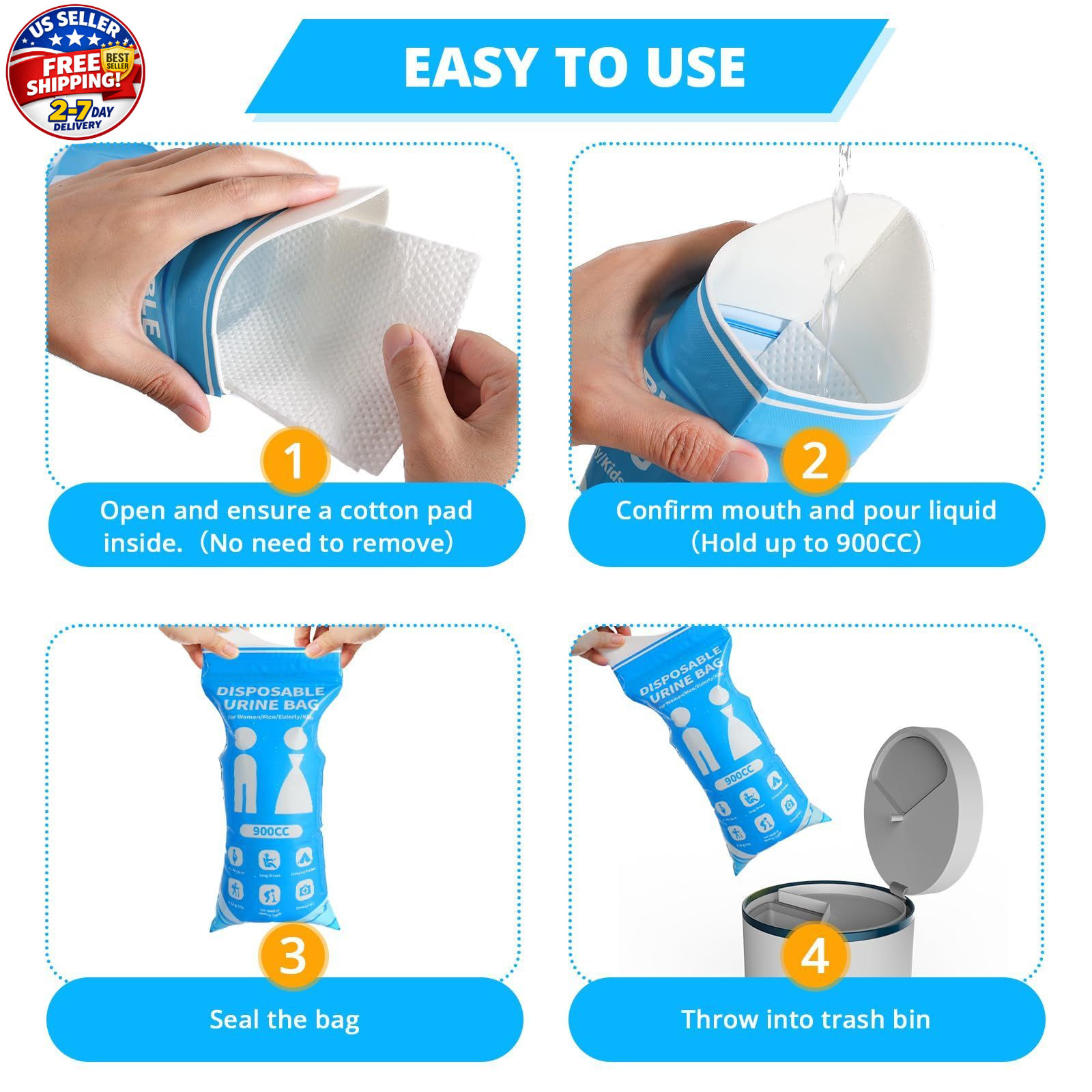 HOKINETY Disposable Urine Bag for Travel – 900ML 9.1″x5.4″x1.4″(6-Pack), Blue