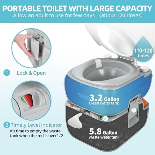 Portable Toilet 5.8 Gallon, Camping Porta Potty, RV Toilet with Standard Seat