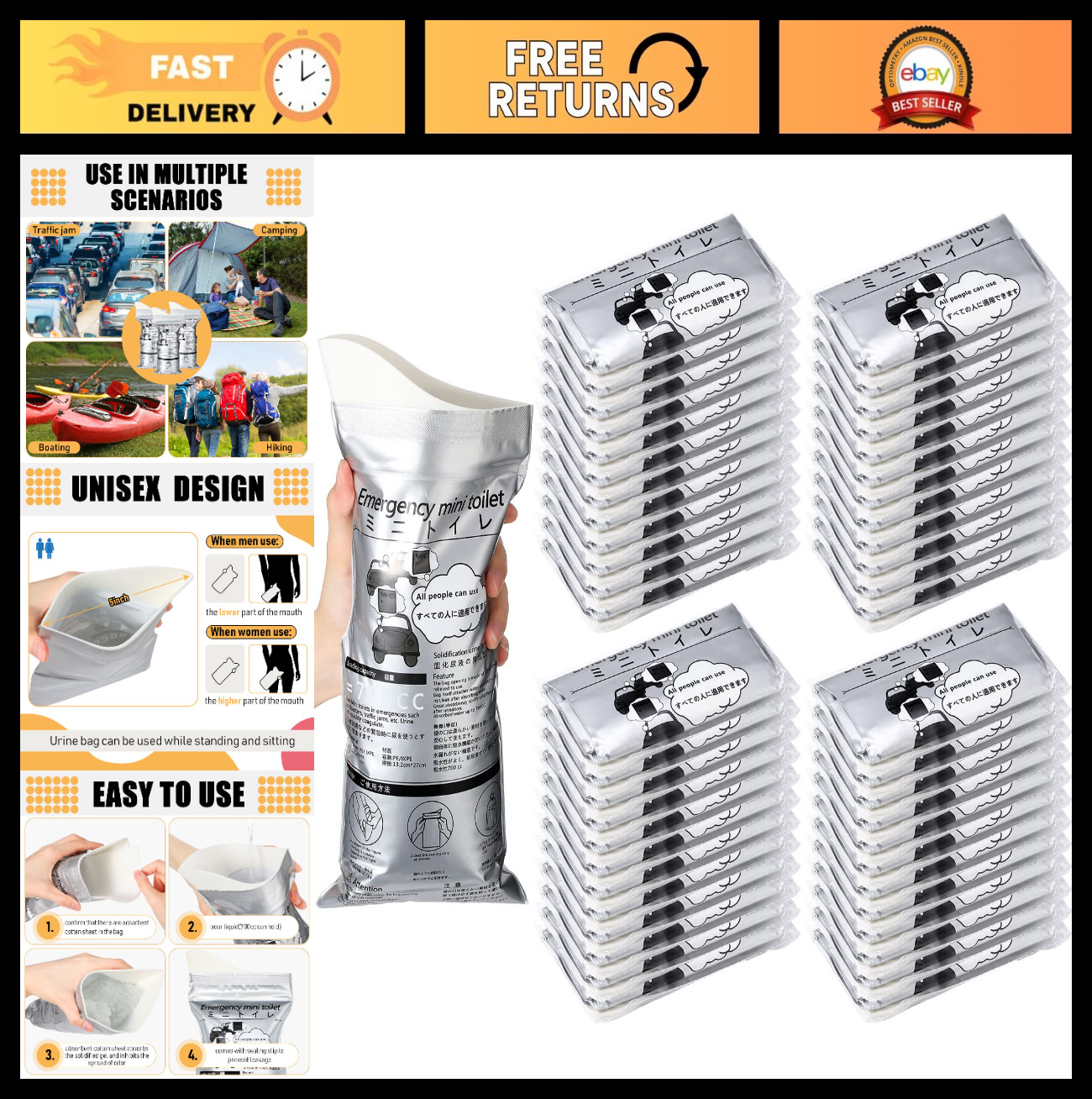 50 Pcs Disposable Urinal Bags – Portable Pee Bags for Travel, Camping & Emergenc