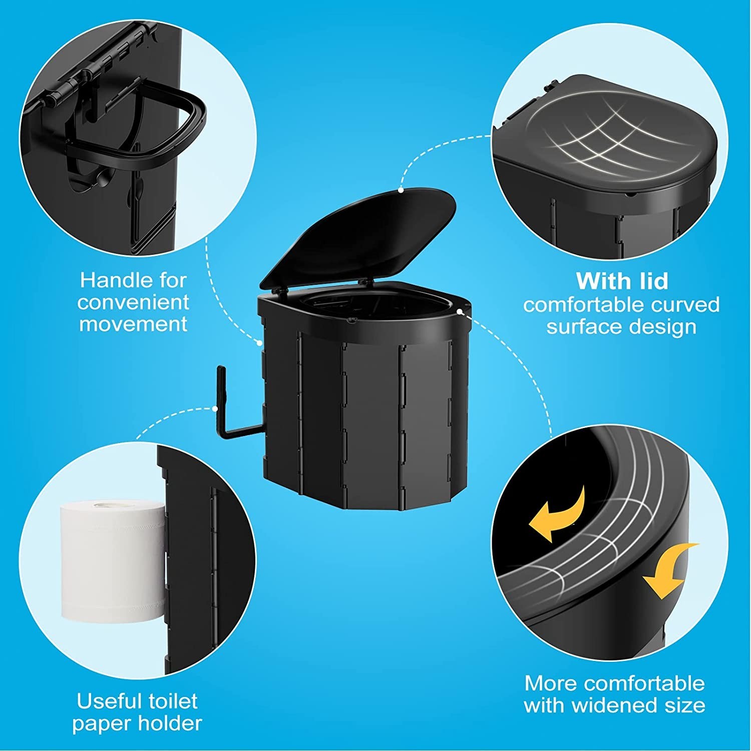 Portable Toilet with Lid, Retractable TP Holder, Carry Bag and Disposible Liner