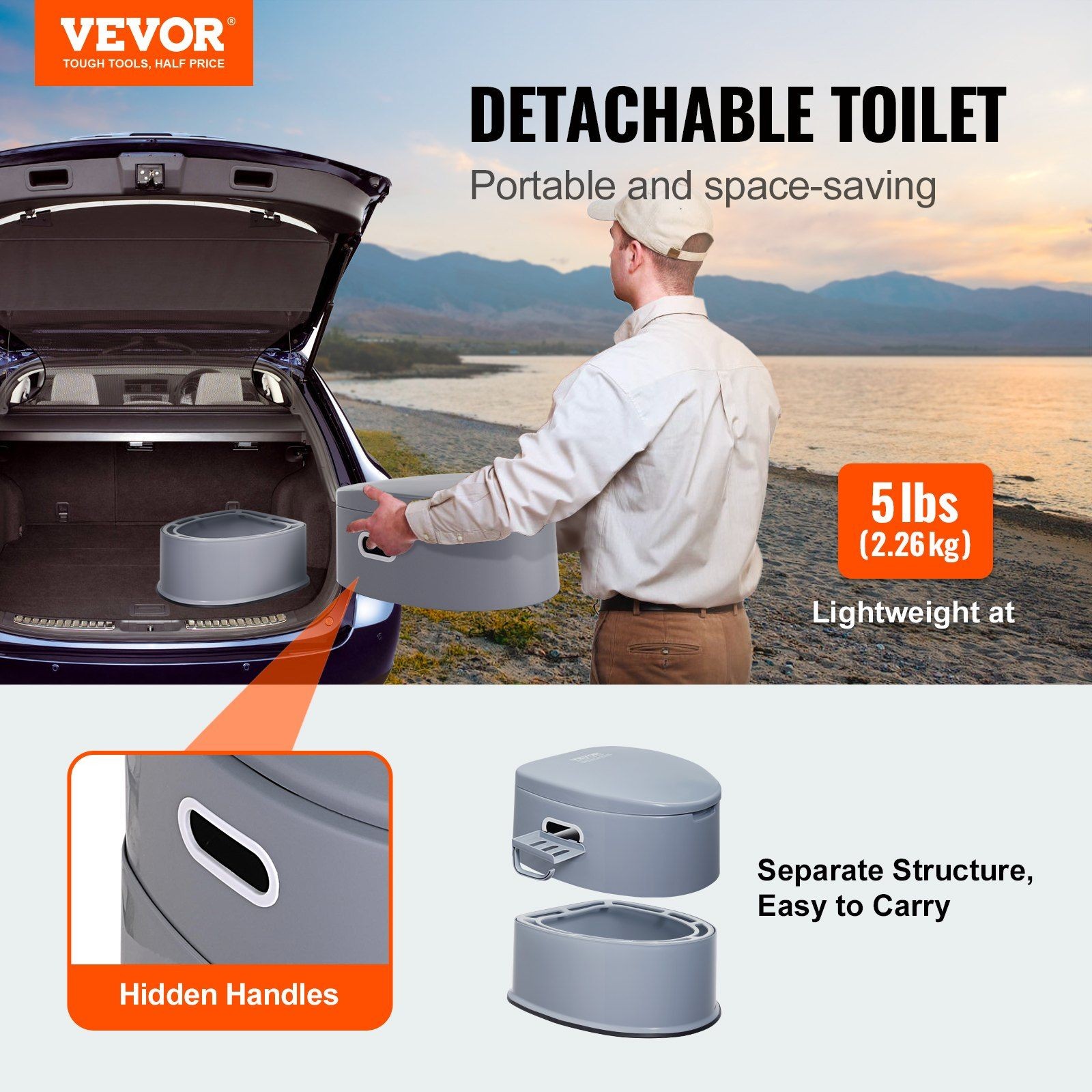 Hiking Travel Potty 1.3gal Removable Tank 300lb Weight Capacity Dual Sealed Lid