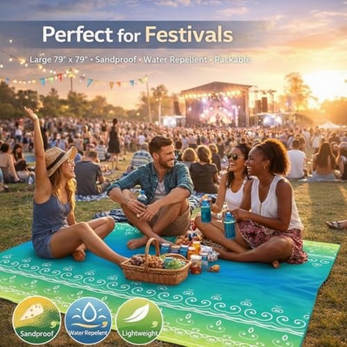Oversized Beach Blanket (79″ x 79″) | Sandproof & Waterproof, Blue Lime Ripple