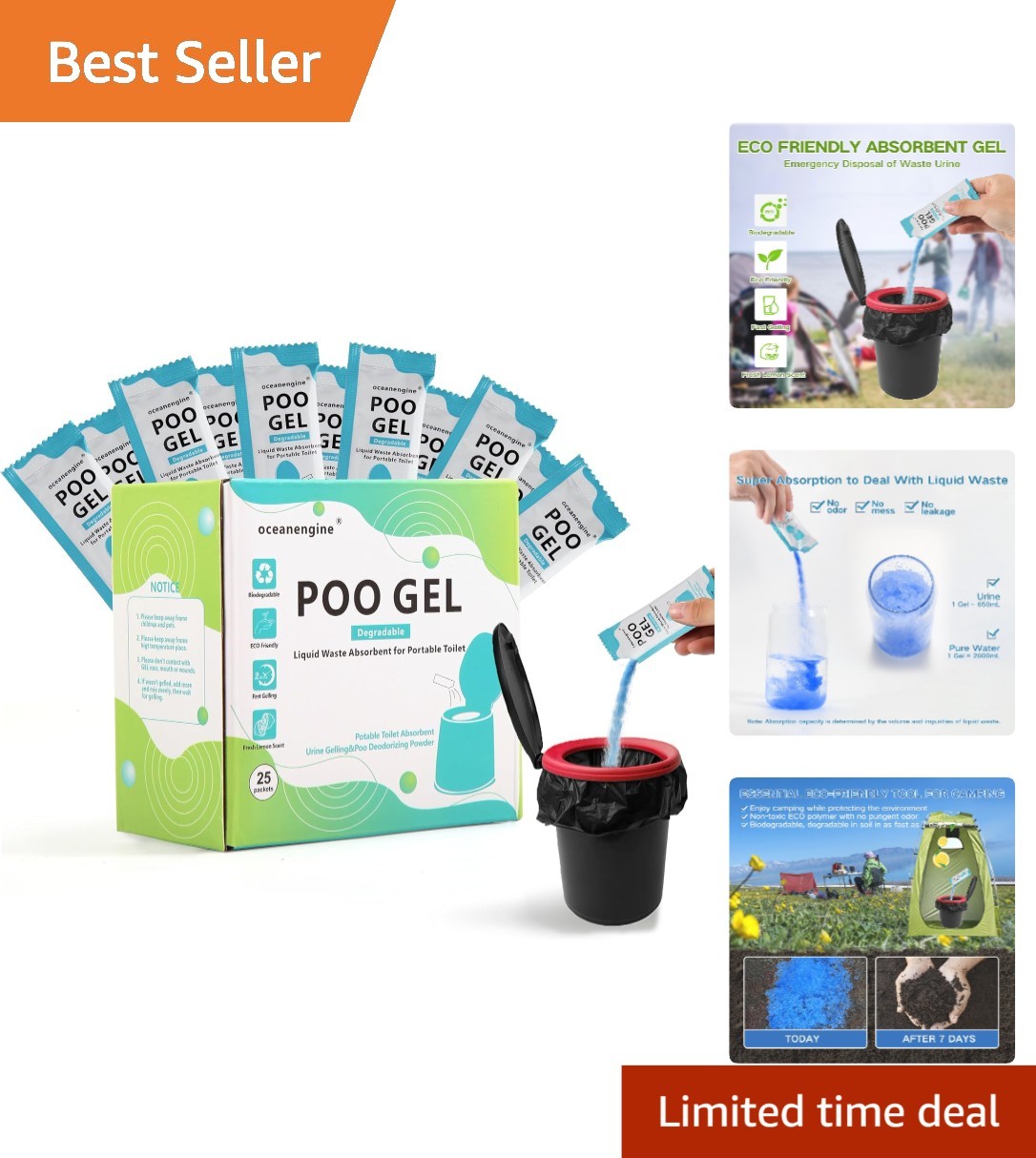 Degradable Toilet Absorbent Gel – Perfect for Camping & Travel – 25 Pack