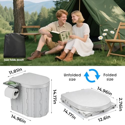 Portable Toilet for Adults, Foldable Plastic Toilet, with Lid and Paper Gray