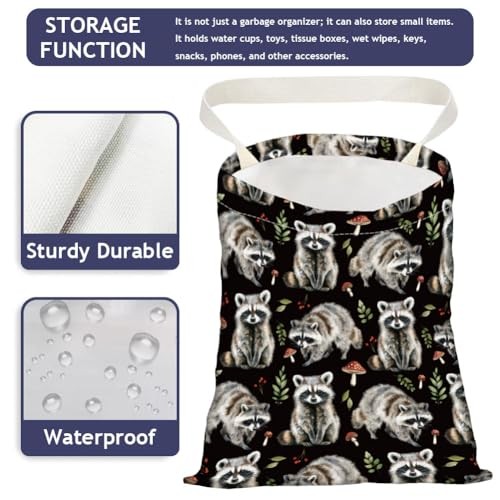 Print Car Trash Bag Hanging Garbage Bag with Snap Buttons Car-Back Seat Raccoon