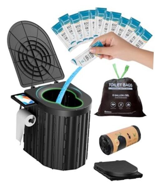 Portable Toilet with Urine Gel & Leak-Proof Black Toilet and Blue Urine Gel