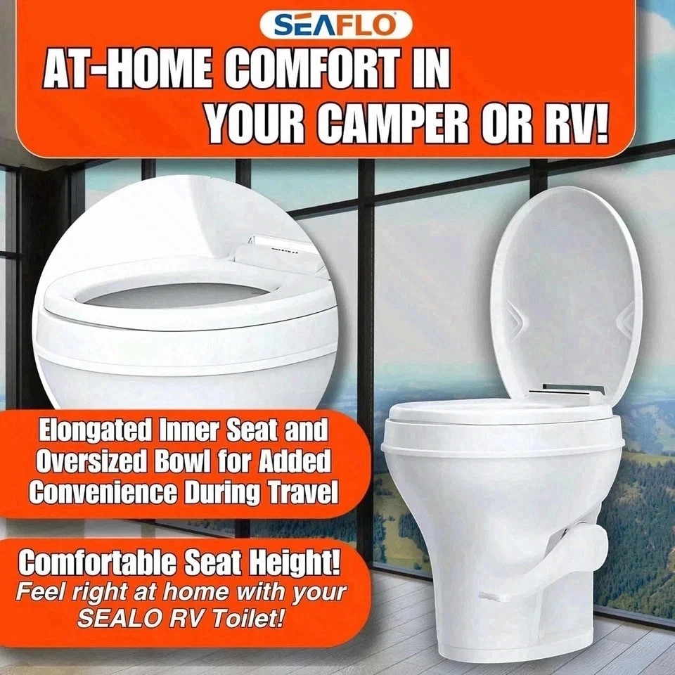 SEAFLO RV Toilet 18.5″ Standard Height Gravity Flush w/ Foot Pedal & Seat