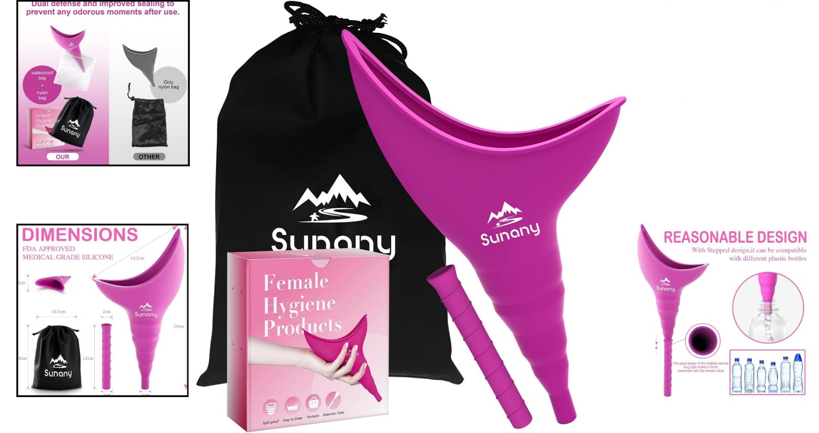 Moisture-Proof Portable Female Urination Device – Reusable Pee Funnel in Fuchsia
