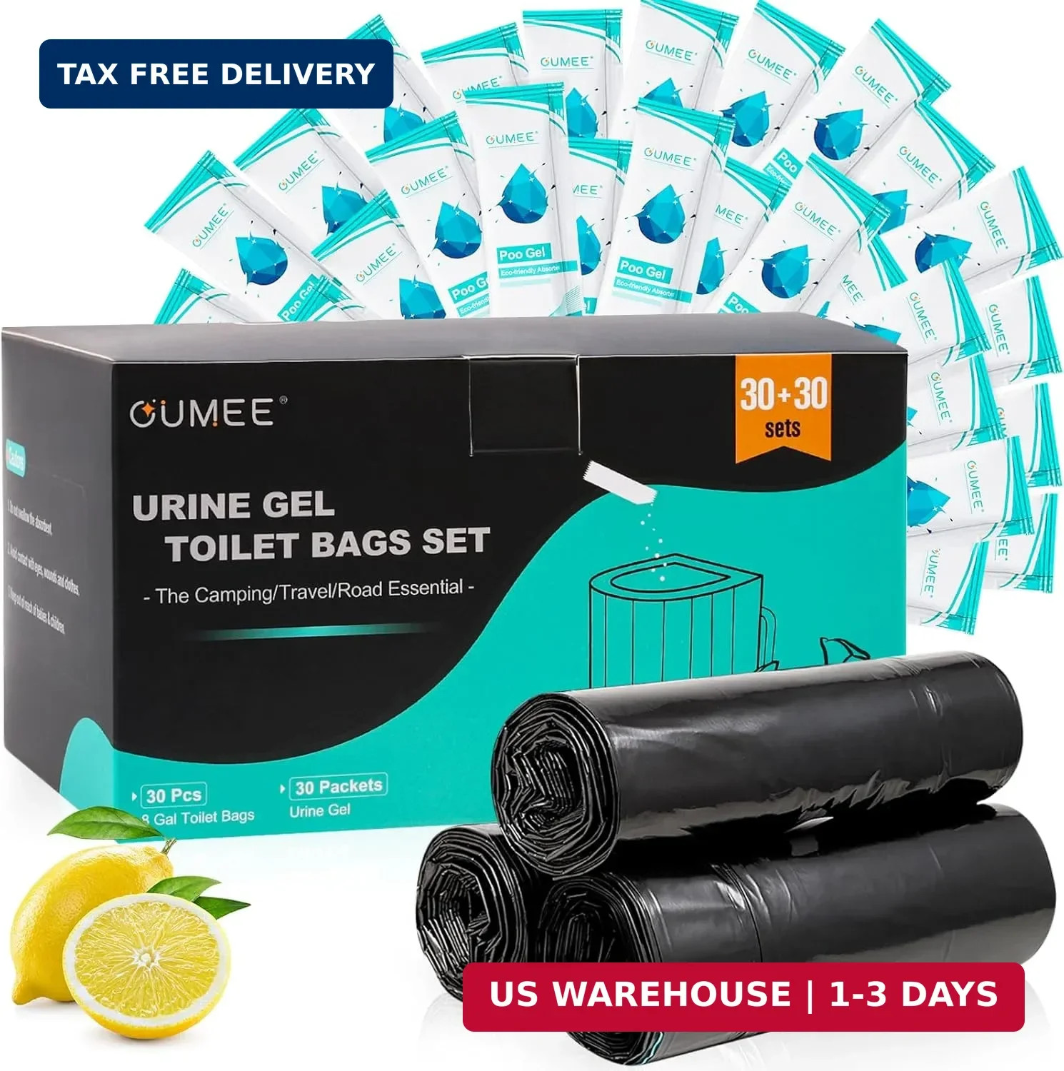 OUMEE 30 Portable Toilet Bags with 30 Poo Gel Set, 8 Gallon | Camping Toilet Bag