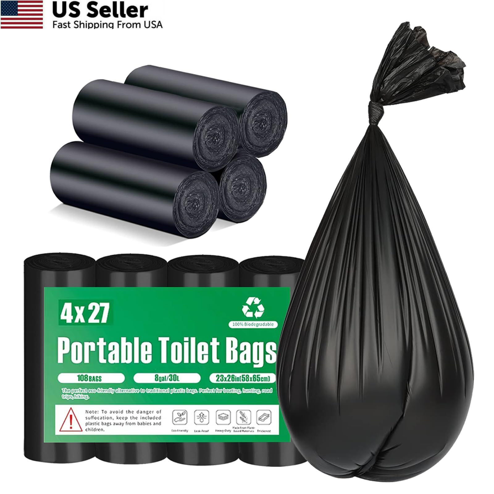 108 Portable Toilet Bags, TALTBREX 8 27 Count (Pack of 4), 108 Count-black