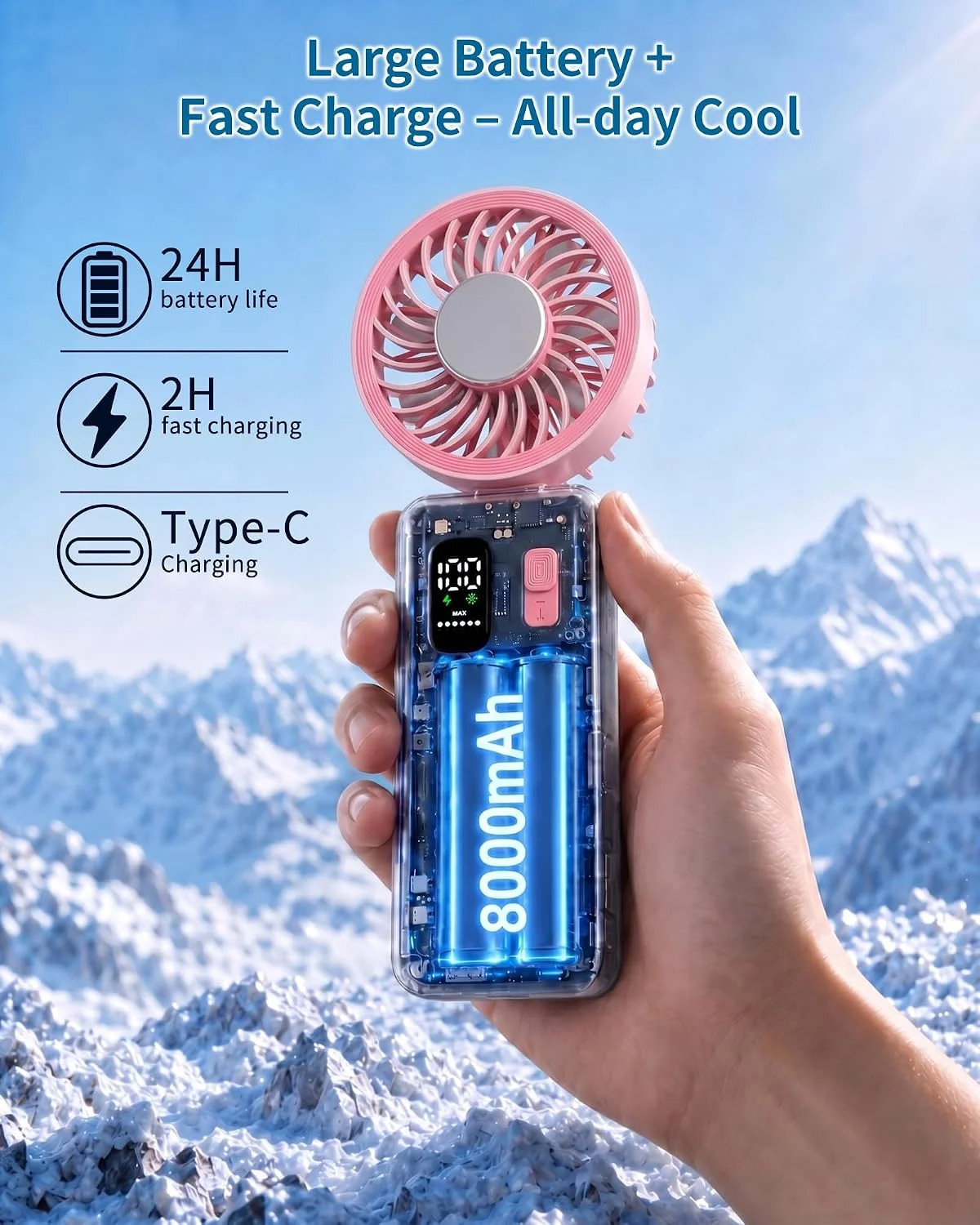 Portable Handheld Fan with Ice Cooling, 100 Speed Rechargeable Mini Desk Fan, Up