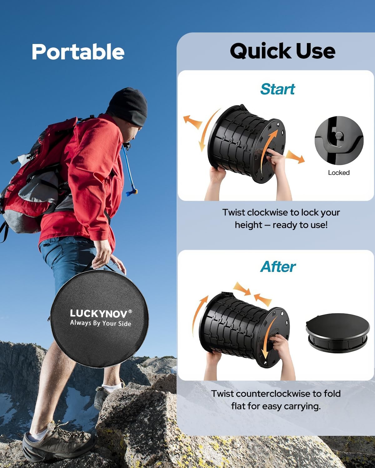 LuckyNov Height Adjustable Portable Folding Toilet for Camping, Black-13” H