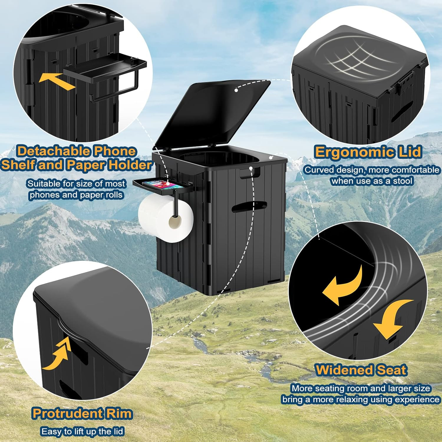 XL Portable Toilet for Adults, Extra Large 15.4″H Foldable Camping with Detachab
