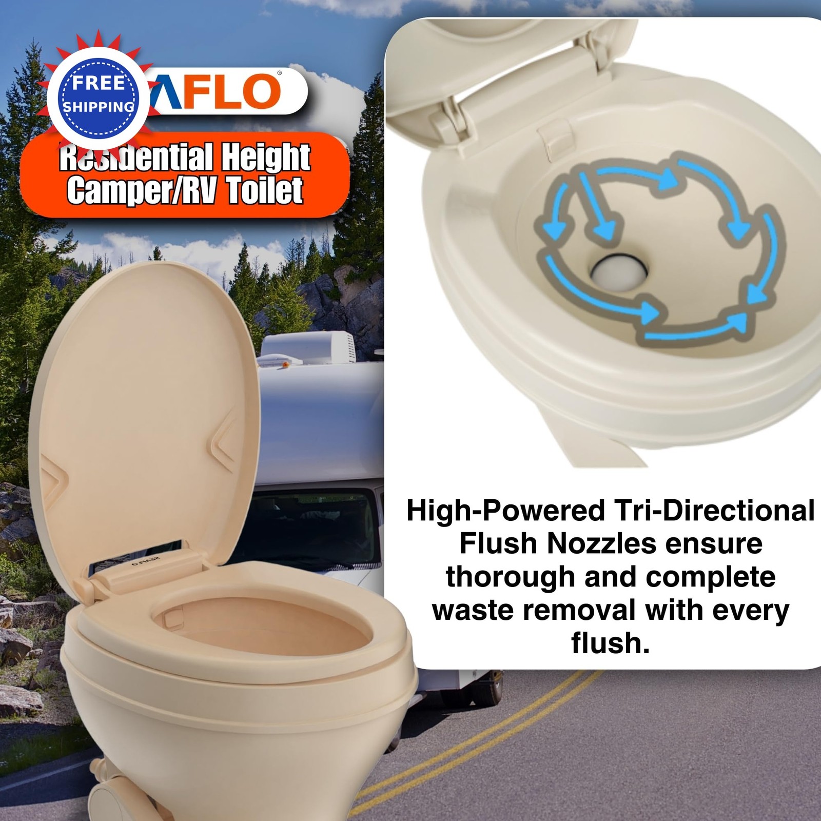 Residential Height Camper RV Toilet Gravity Flush Soft Close Seat SEAFLO Foot