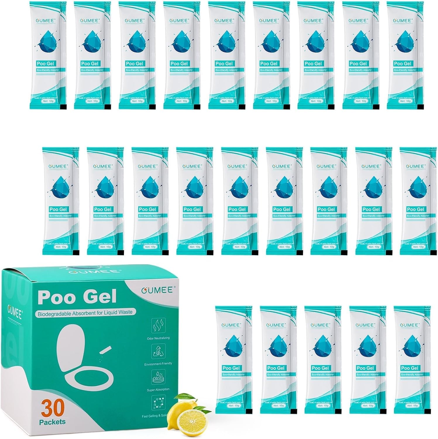 30 Pack Lemon Portable Toilet Gel – Eco Absorbent Camping Poo Gel Bucket Powder