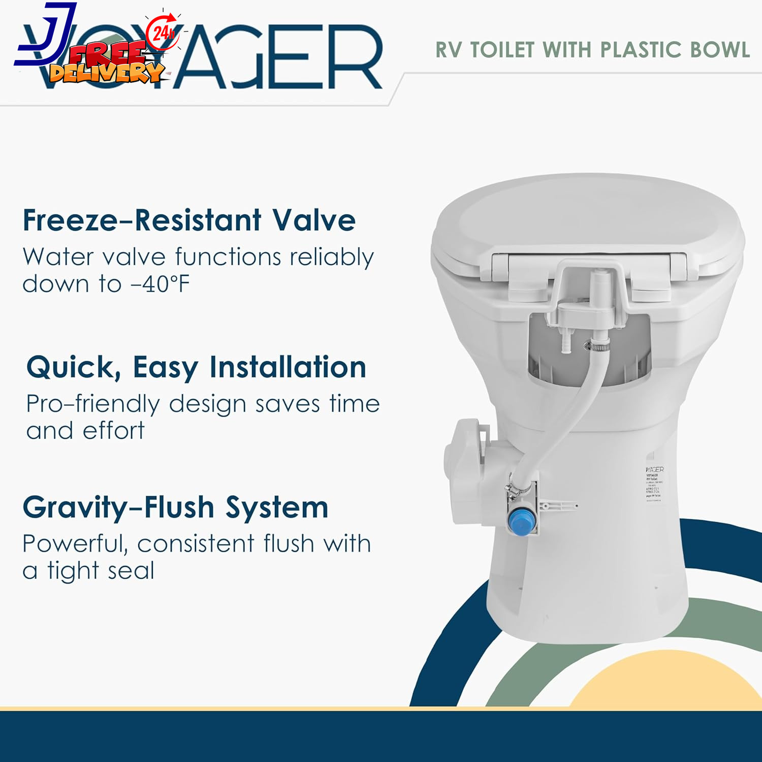Voyager Universal Residential Height RV Toilet with Plastic Bowl FREEZABLE Water