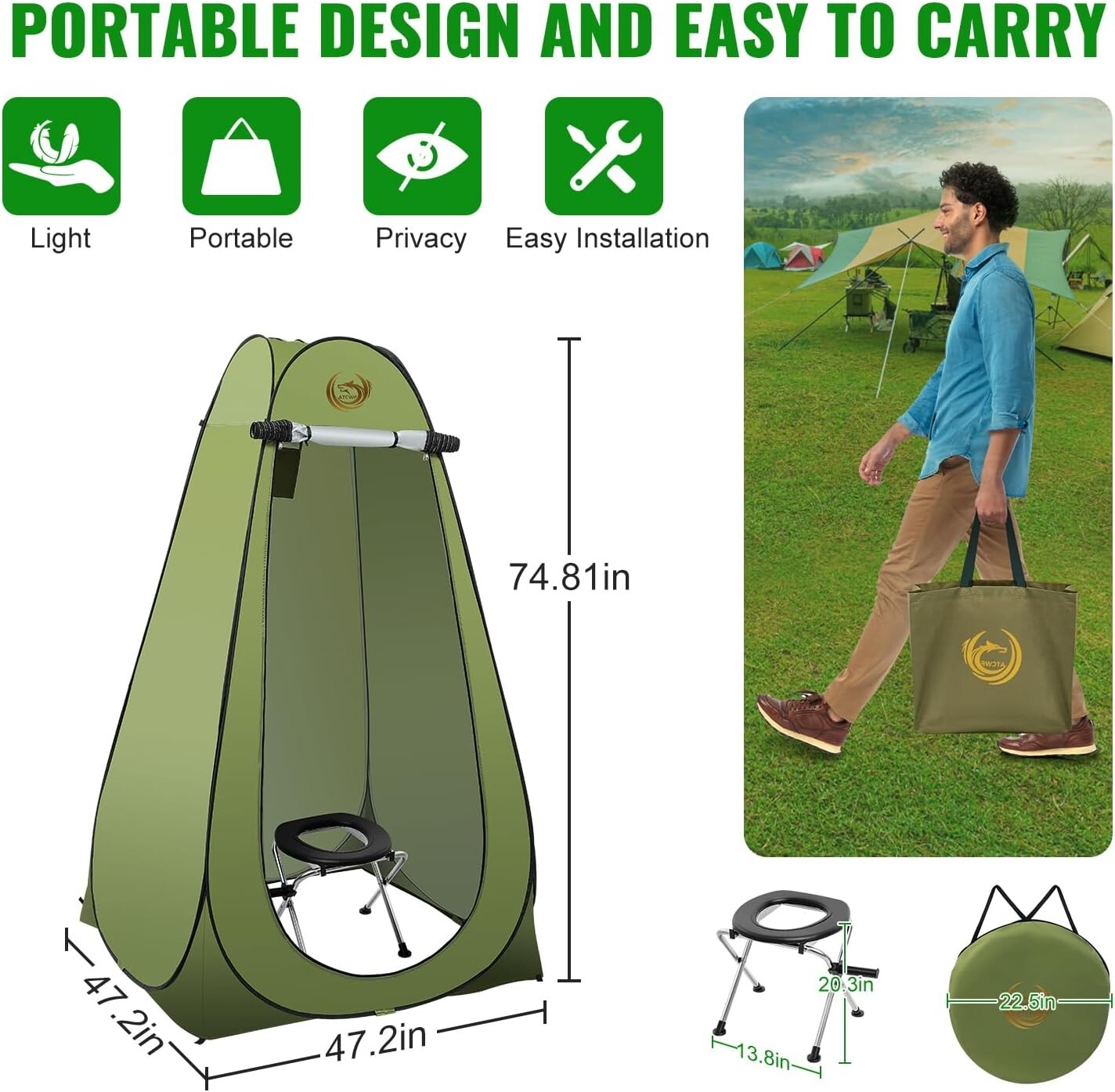 Portable Toilet Kit for Adults Pop Up Privacy Tent Changing Room Outdoor Camping