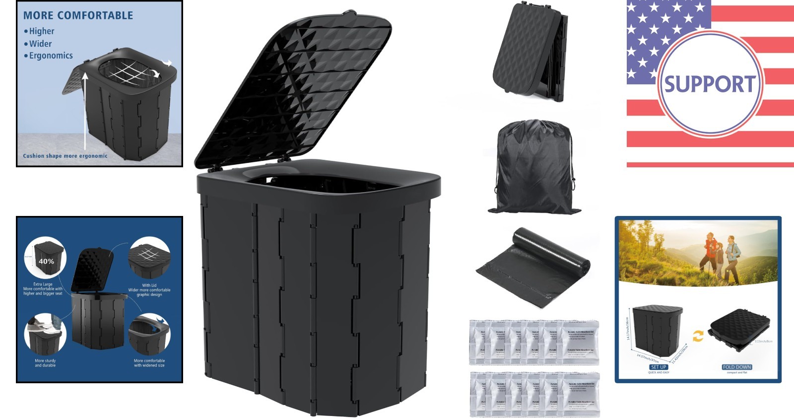 Multi-Functional XL Portable Toilet – Ideal for Travel, Camping, and More, Black