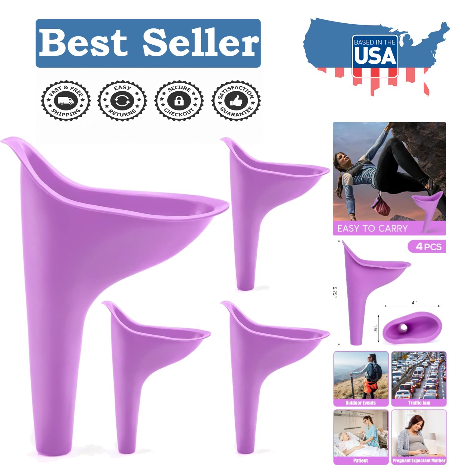 Compact 4 Purple Silicone Urinals for Women – Ideal for Outdoor Adventures