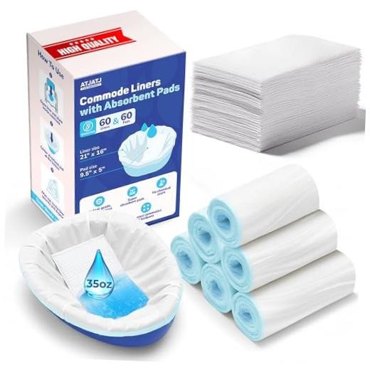 60 Packs Commode Liners With 60 Absorbent Pads, Leak-Proof Disposable Toilet