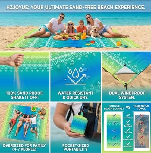 Oversized Beach Blanket (79″ x 79″) | Sandproof & Waterproof, Blue Lime Ripple