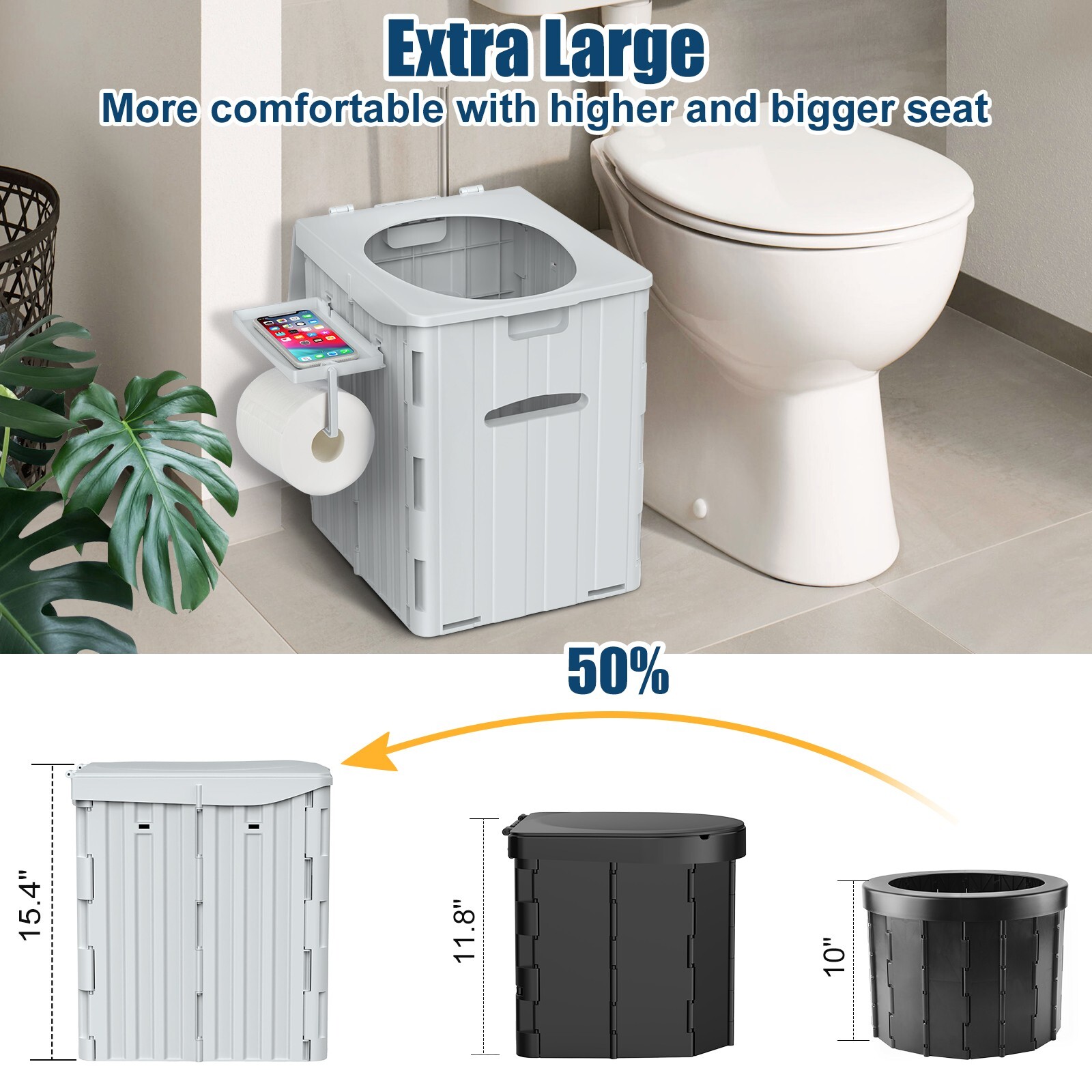 XL Portable Foldable Camping Toilet with Lid, Phone Shelf and Paper Holder