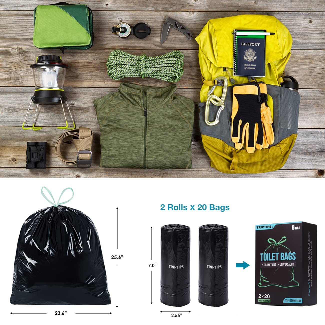 Portable Toilet Bags, 40 Count, 8 Gallon Capacity, Drawstring Design, No-Leak…