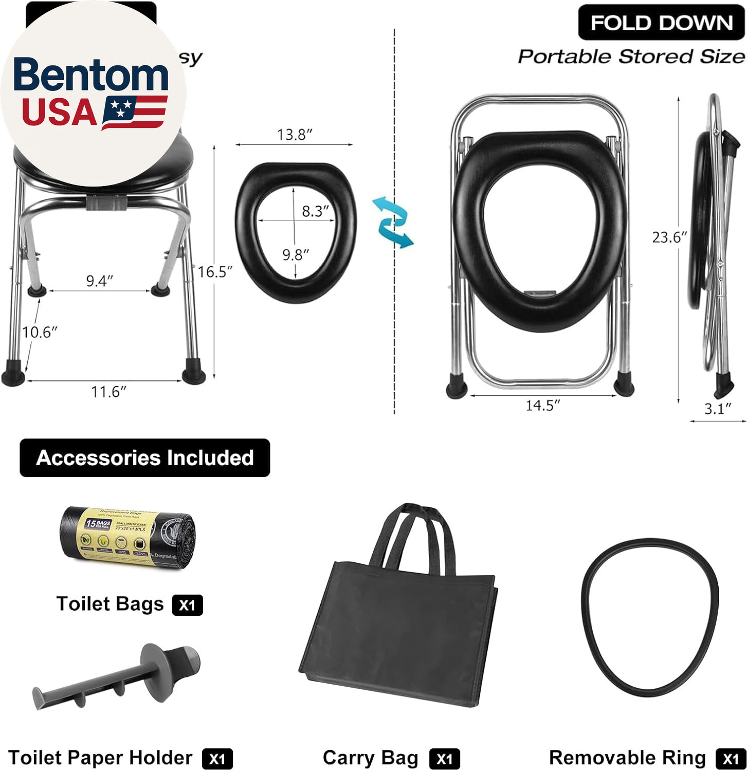 16.5″H Portable Toilet for Camping, 350LB Capacity Stainless Steel Folding Toile