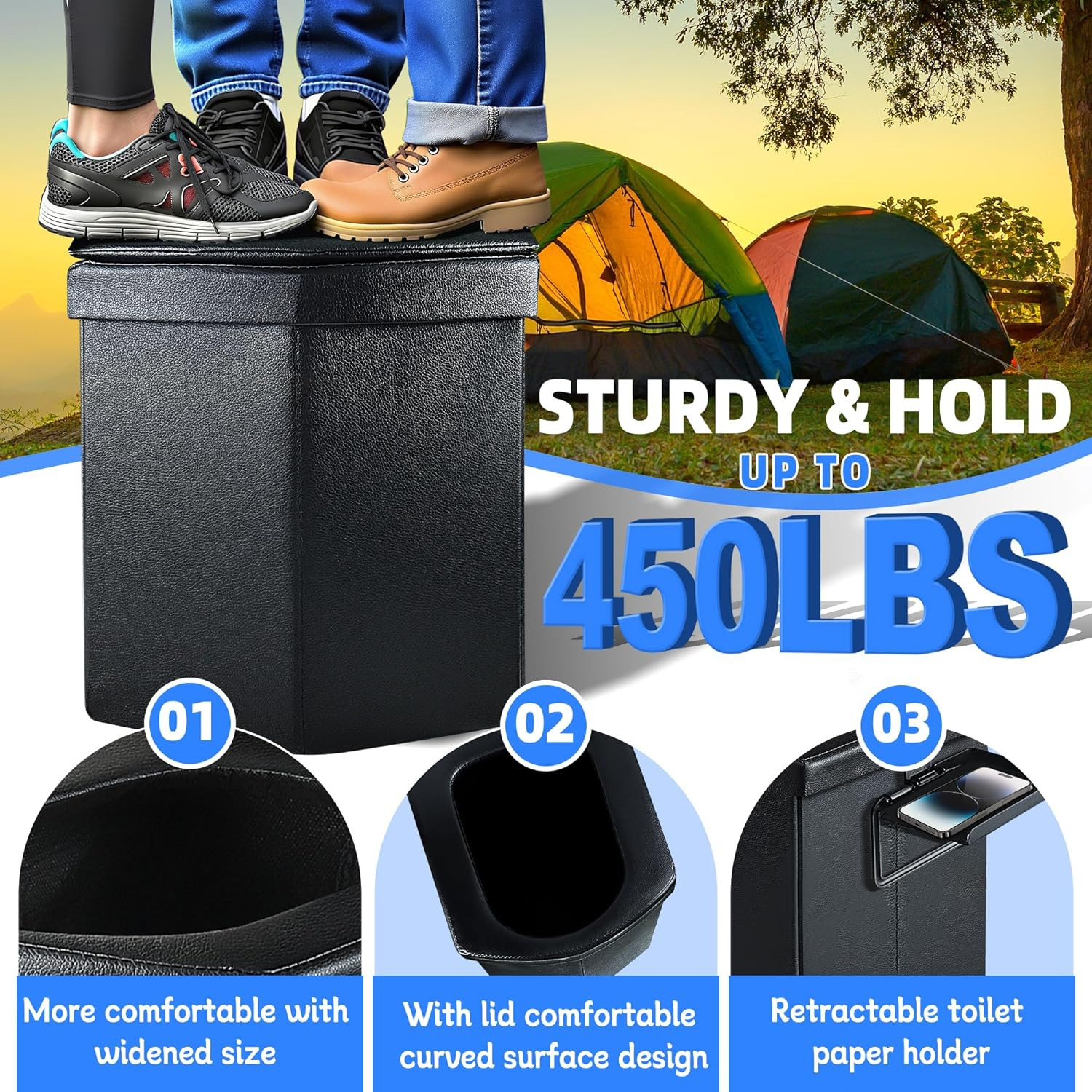 Portable Toilet for Adults, Upgraded 16.5” Tall Camping Toilet with Lid, Portab