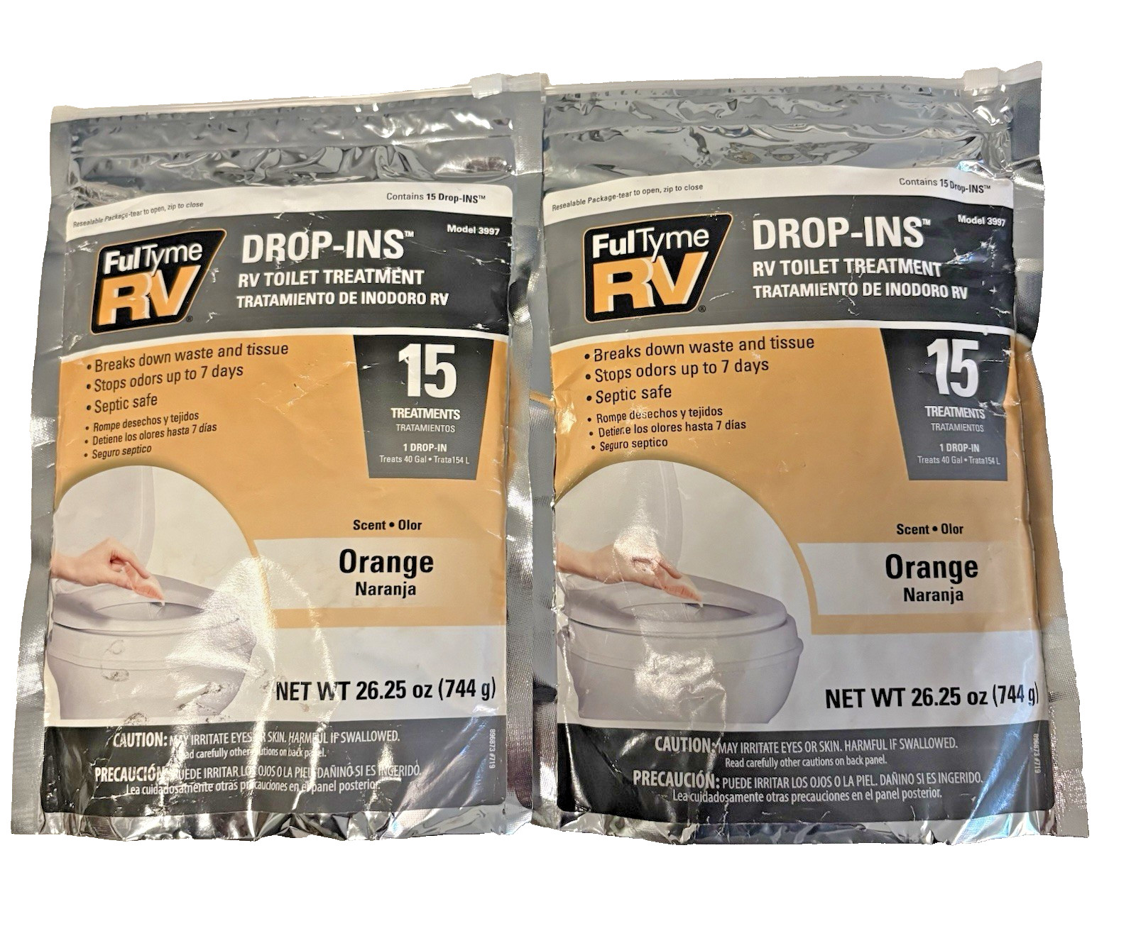 LOT OF 2 FULL TIME RV DROP-INS RV TOILET TREATMENT (ORANGE SCENT) 15 TREATMENTS