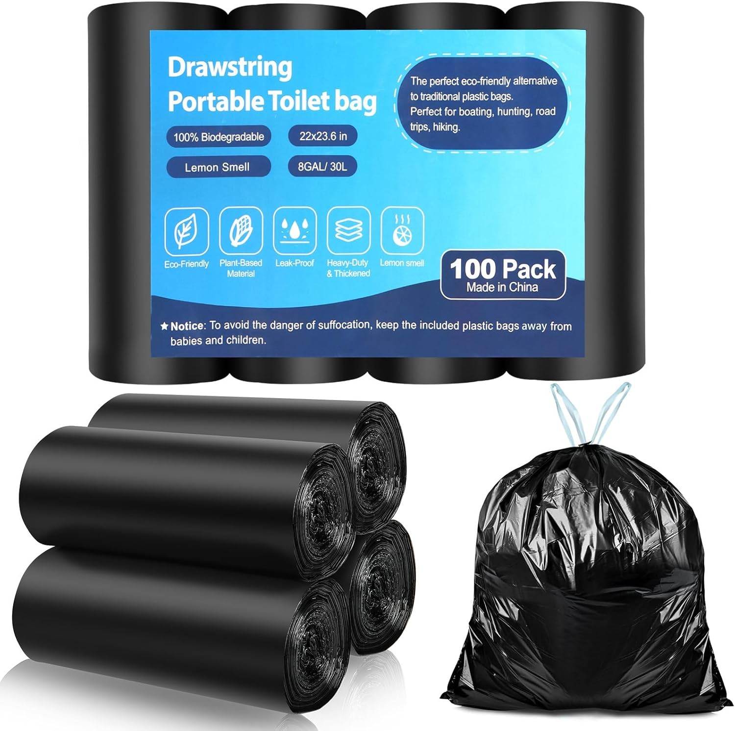 100 Portable Toilet Bags Drawstring Biodegradable Camping Potty Bags 8 Gallon