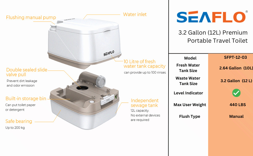 SEAFLO SFPT-12-03 3.2 Gallon Premium Portable Travel Toilet – 12L White