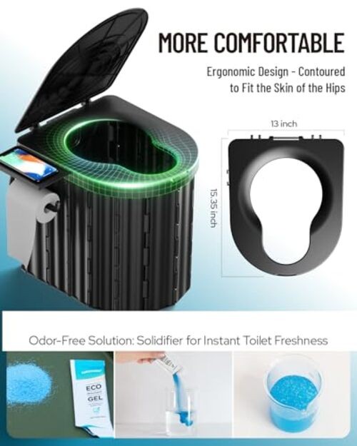 Portable Toilet with Urine Gel & Leak-Proof Black Toilet and Blue Urine Gel