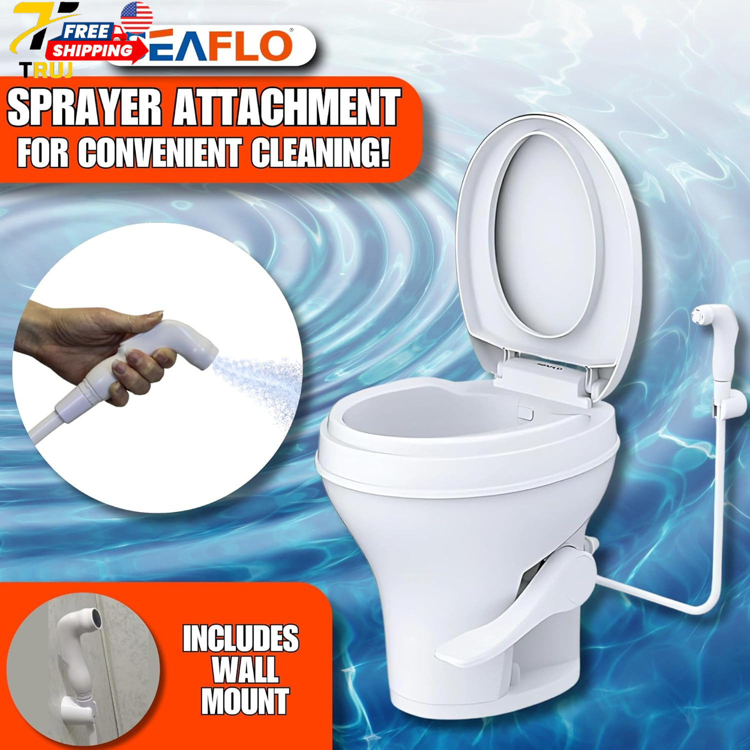 Residential Height Camper/RV Toilet with Sprayer Attachment 18.5” Standard Heigh
