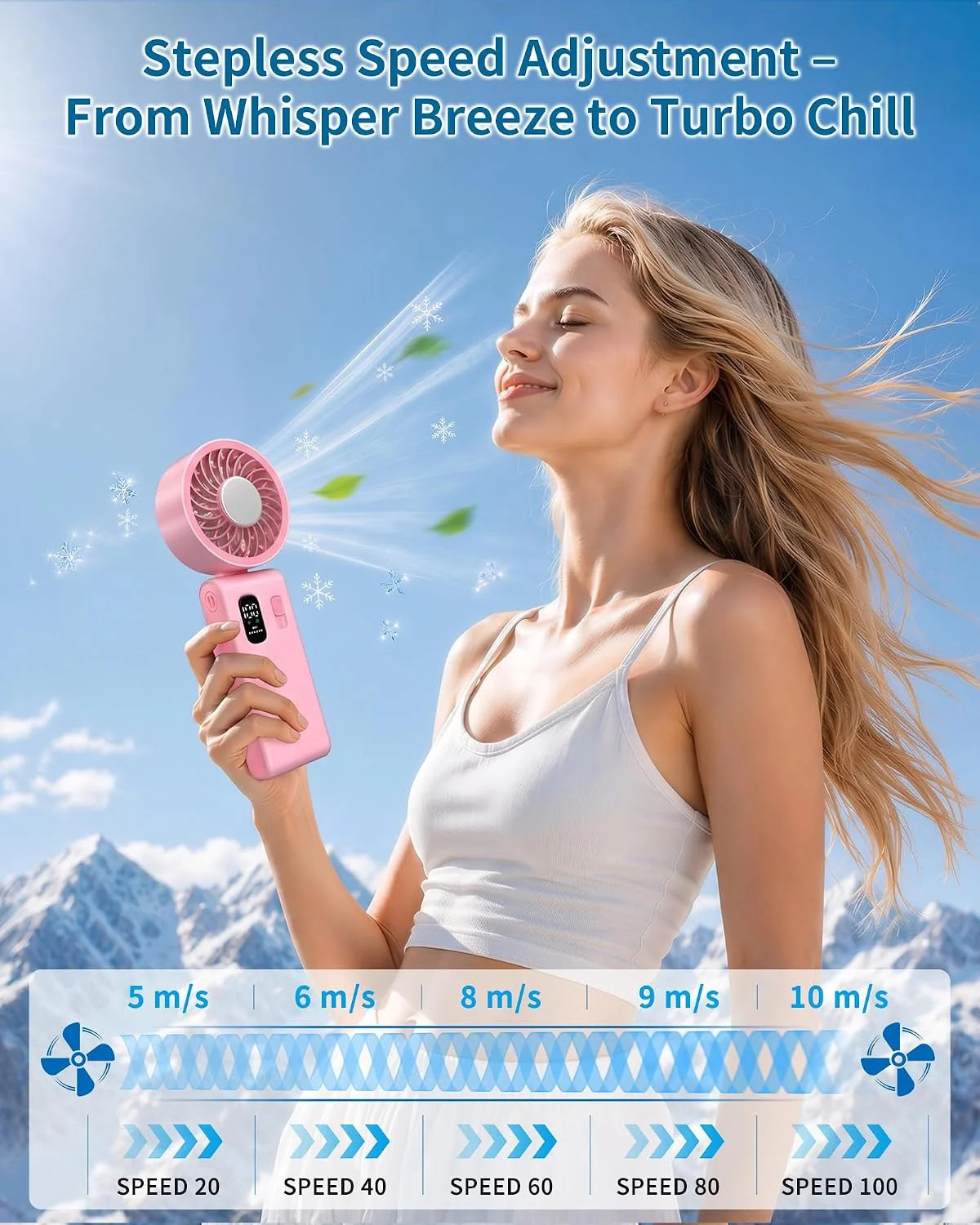 Portable Handheld Fan with Ice Cooling, 100 Speed Rechargeable Mini Desk Fan, Up