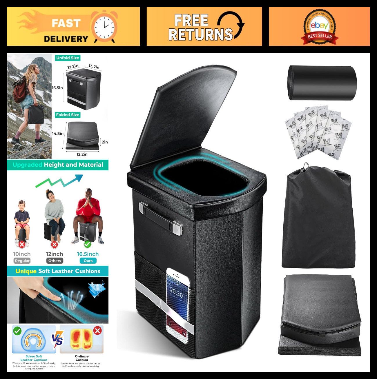 Upgraded XL Portable Toilet for Adults – Tall Camping Potty with Lid & Carry Bag