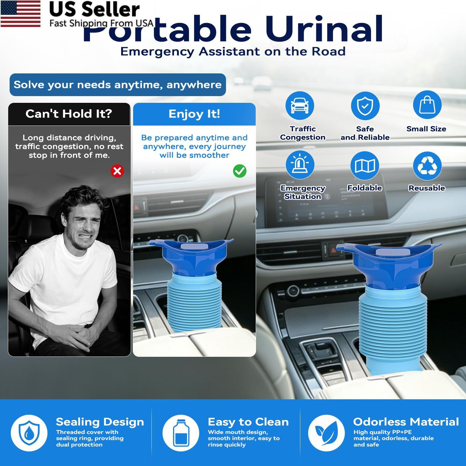 Pee Bottles for Men, Adjustable Emergency Urinal 750ml, Car One Size, Blue