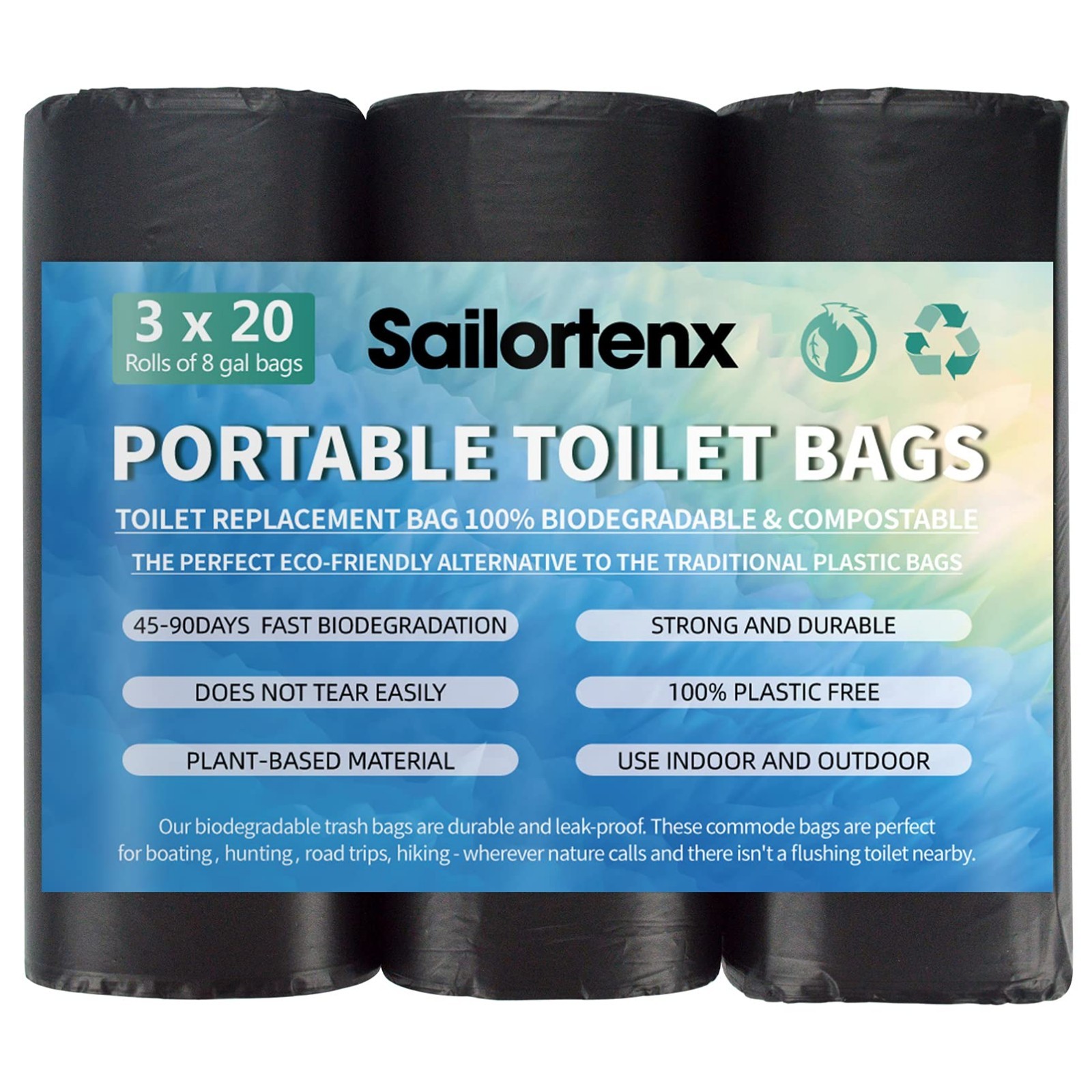 60 Biodegradable Portable Toilet Bags – 8 Gallon, Leak-Proof, Plant-Based, Campi