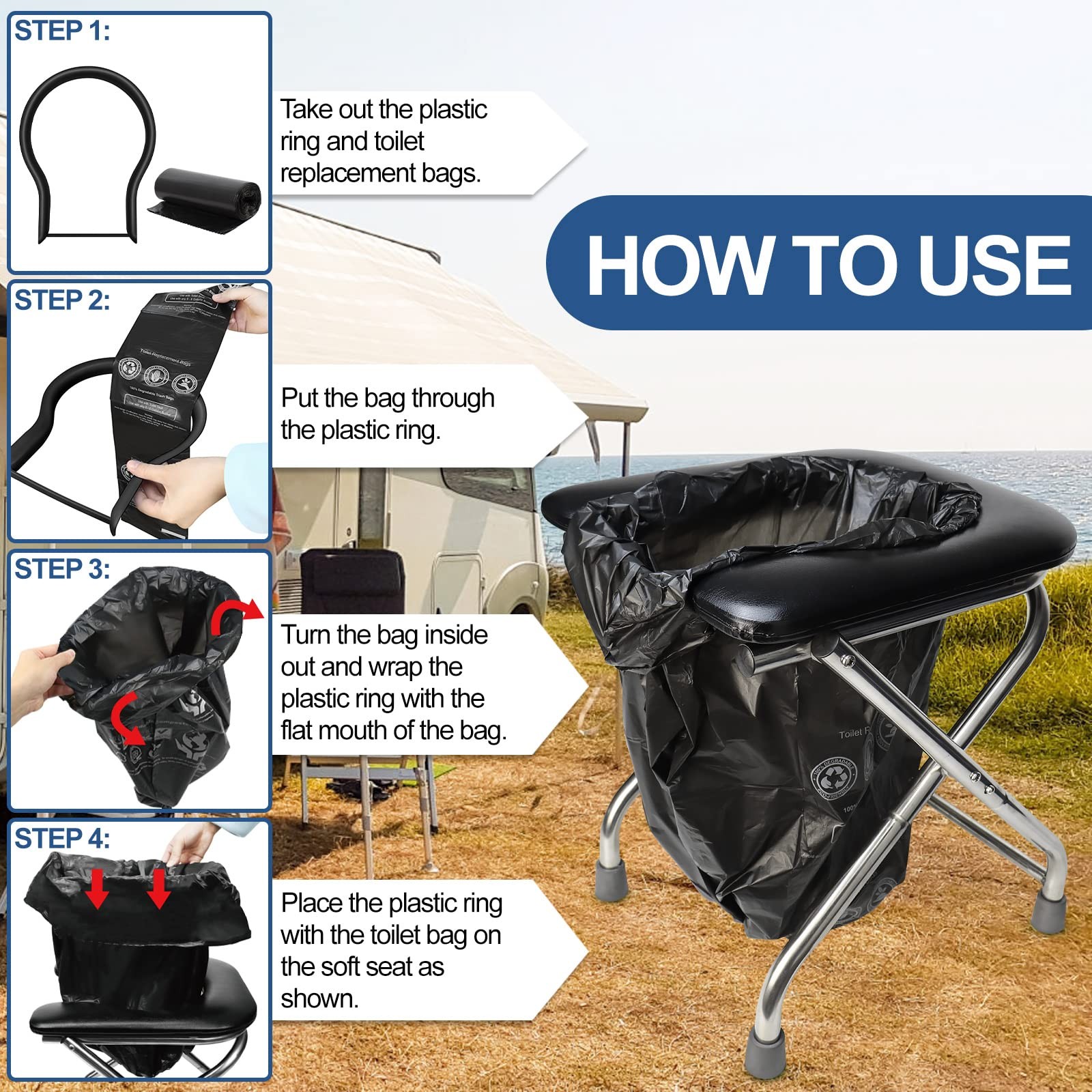 U-shaped Portable Toilet for Camping, 350LBS Stainless Steel Foldable Camp Tr…