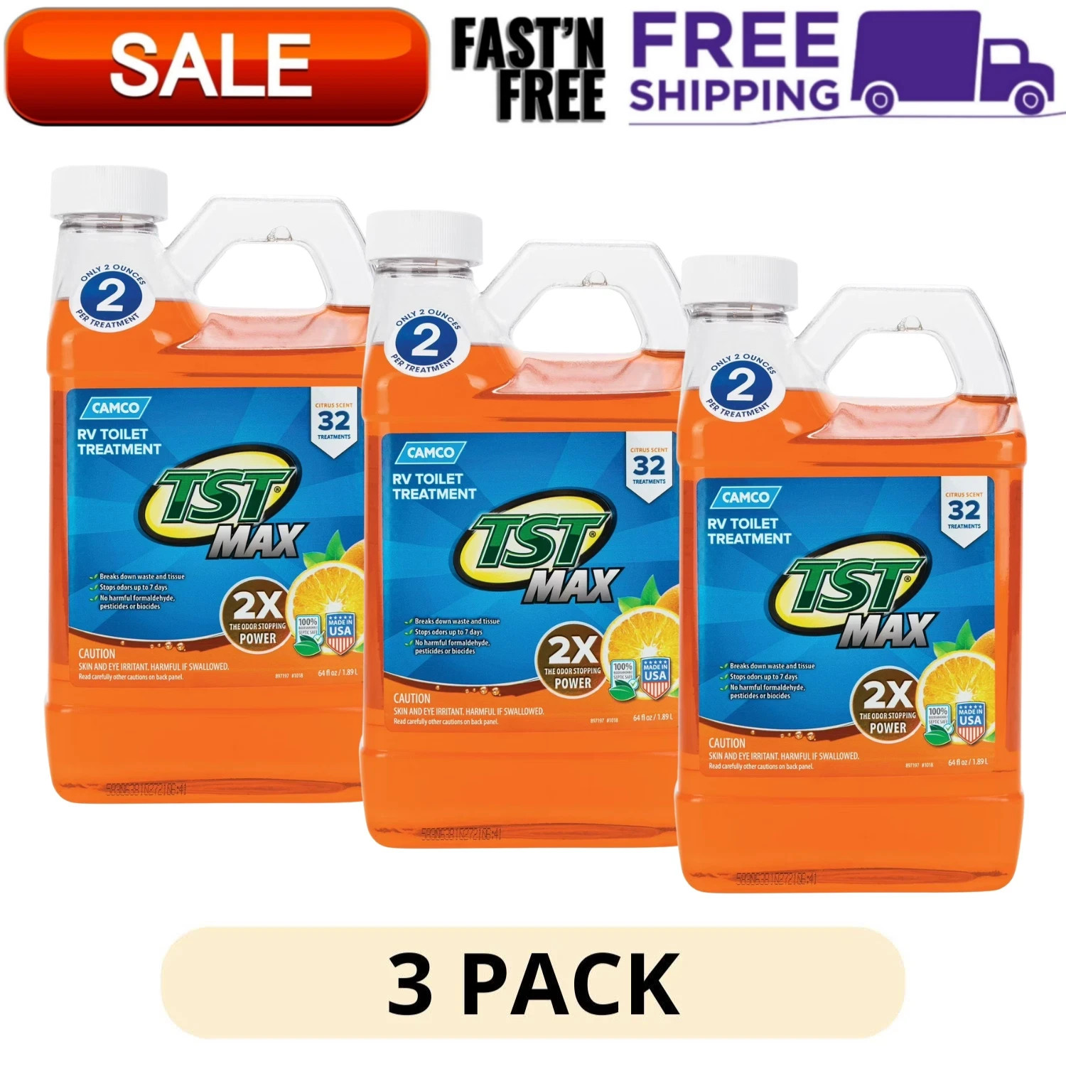 3 Pack Camco TST MAX RV Toilet Treatment Septic Safe Orange 64 Ounce Bottle