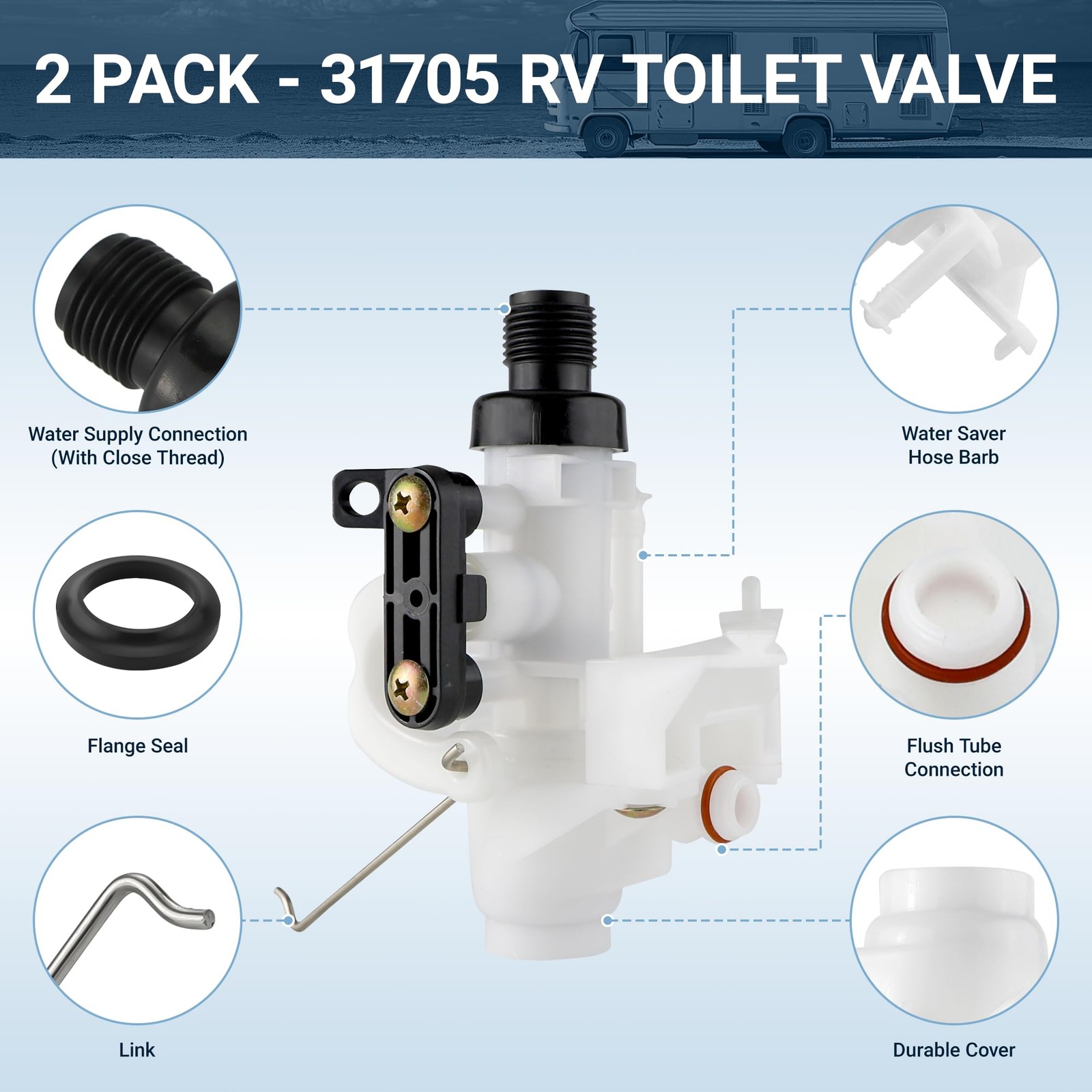 2 Pack 31705 RV Toilet Water Valve Kit, 31688 Camper Toilet Valve Freeze