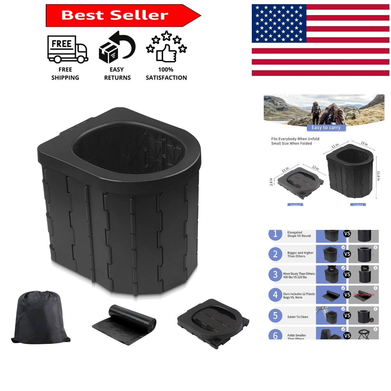 Elongated Design Portable Toilet with Hygiene Bags – Perfect for Outdoor Use