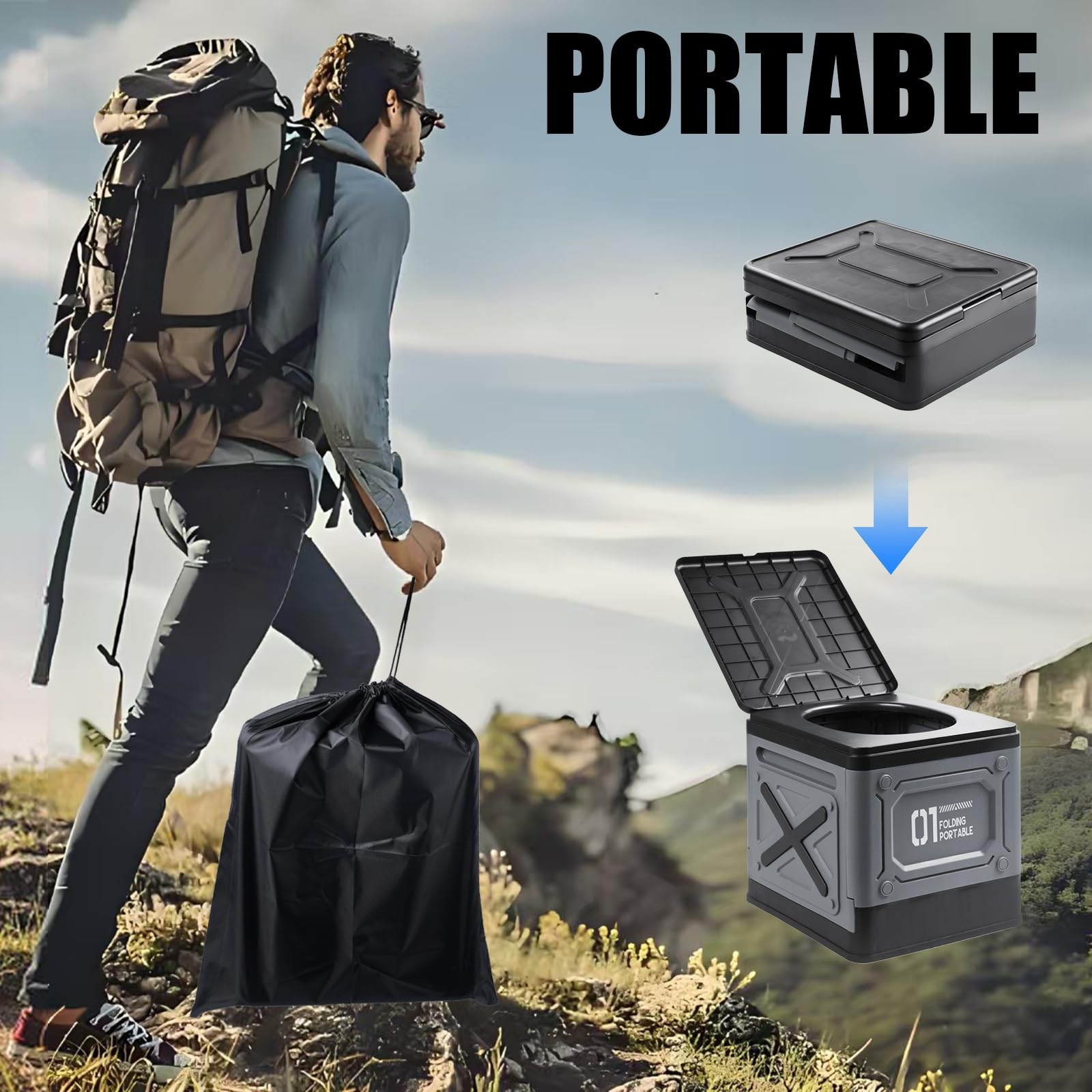 Portable Toilet for Adults, Collapsible Travel Toilet for Camping, Car, Boat & E
