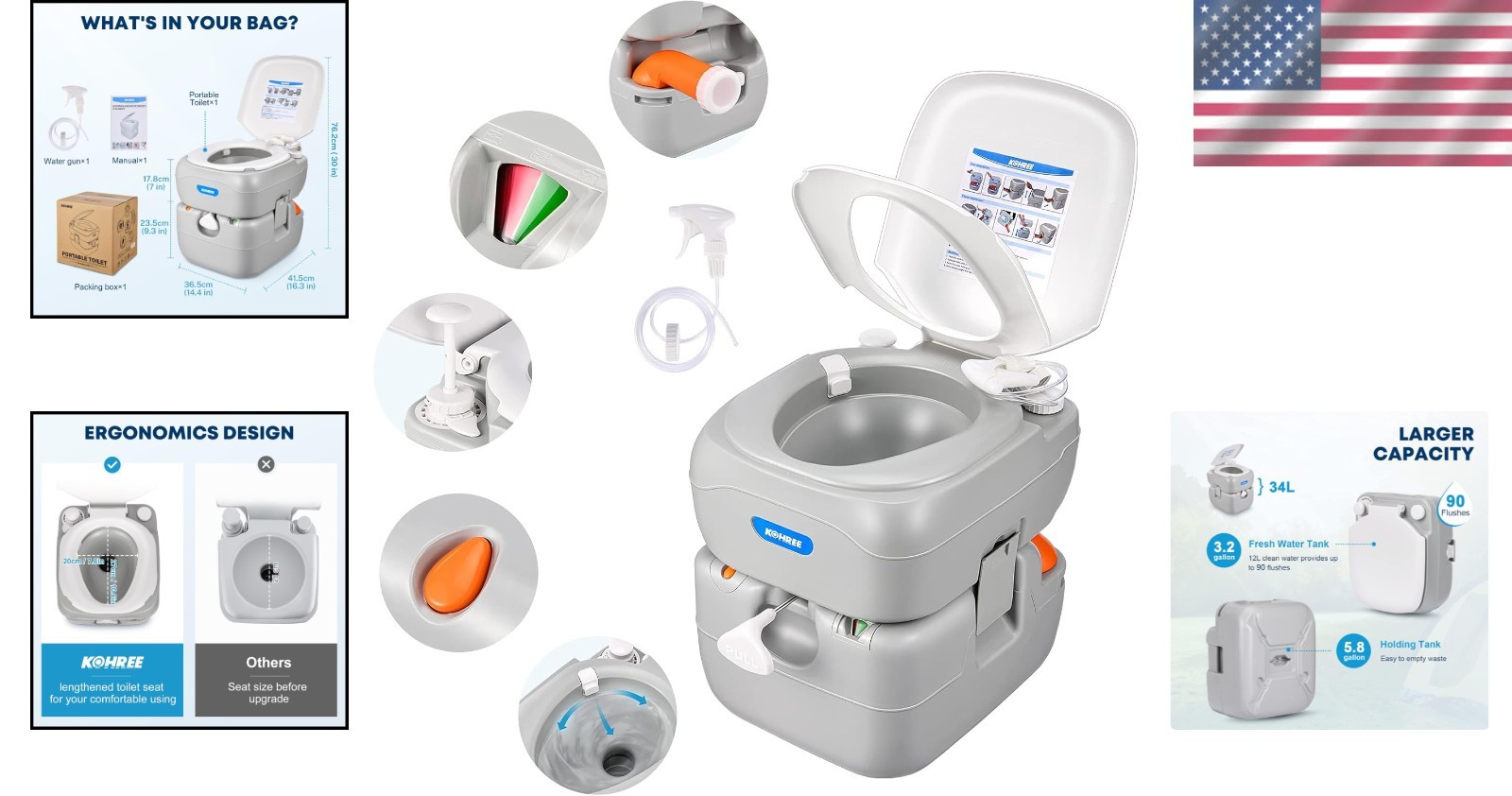 Portable RV Toilet, 5.8 Gal Waste Tank, Leak-Proof