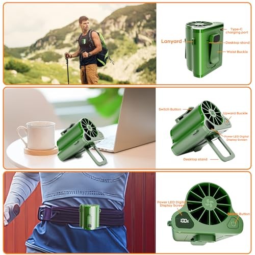 Portable Waist Fan Clip on Wearable Belt Personal Fans, Mini Personal Green