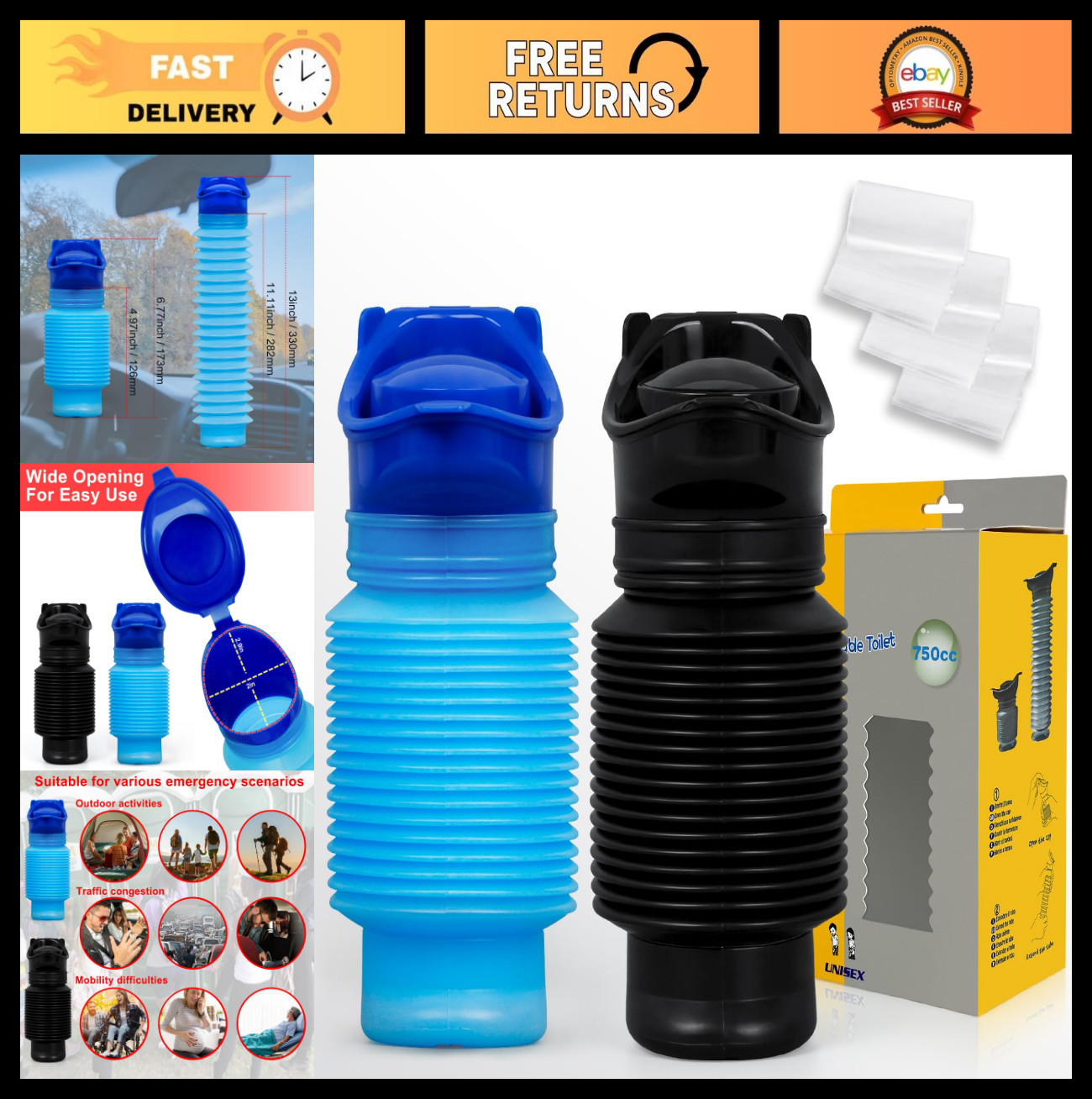 Portable Urinal for Men & Women, 750ml Leakproof Pee Bottle with Disposable Bags