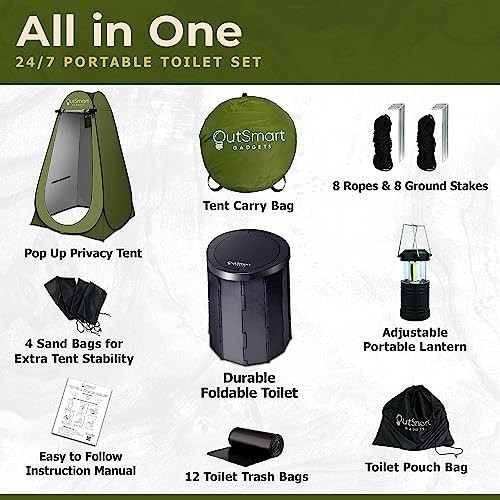 Outdoor Portable Toilet Set for Adults with Camping Night Lantern, Green