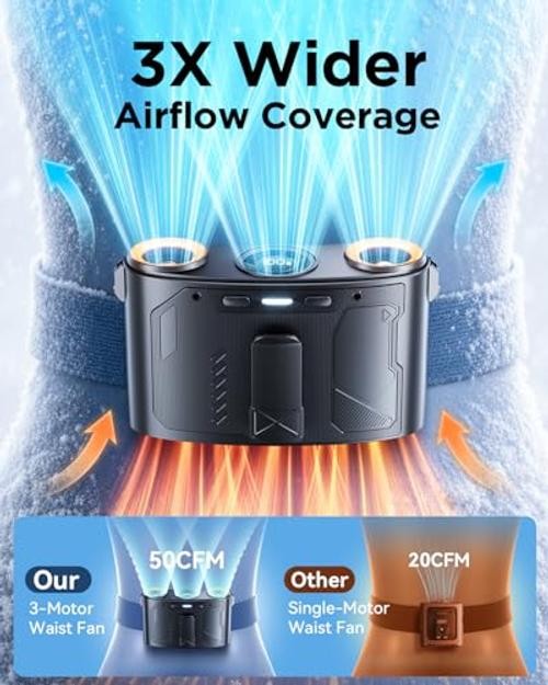 Portable Waist Fan, 16000RPM 3-Head Belt Clip Fan with 8000mAh Battery, Black