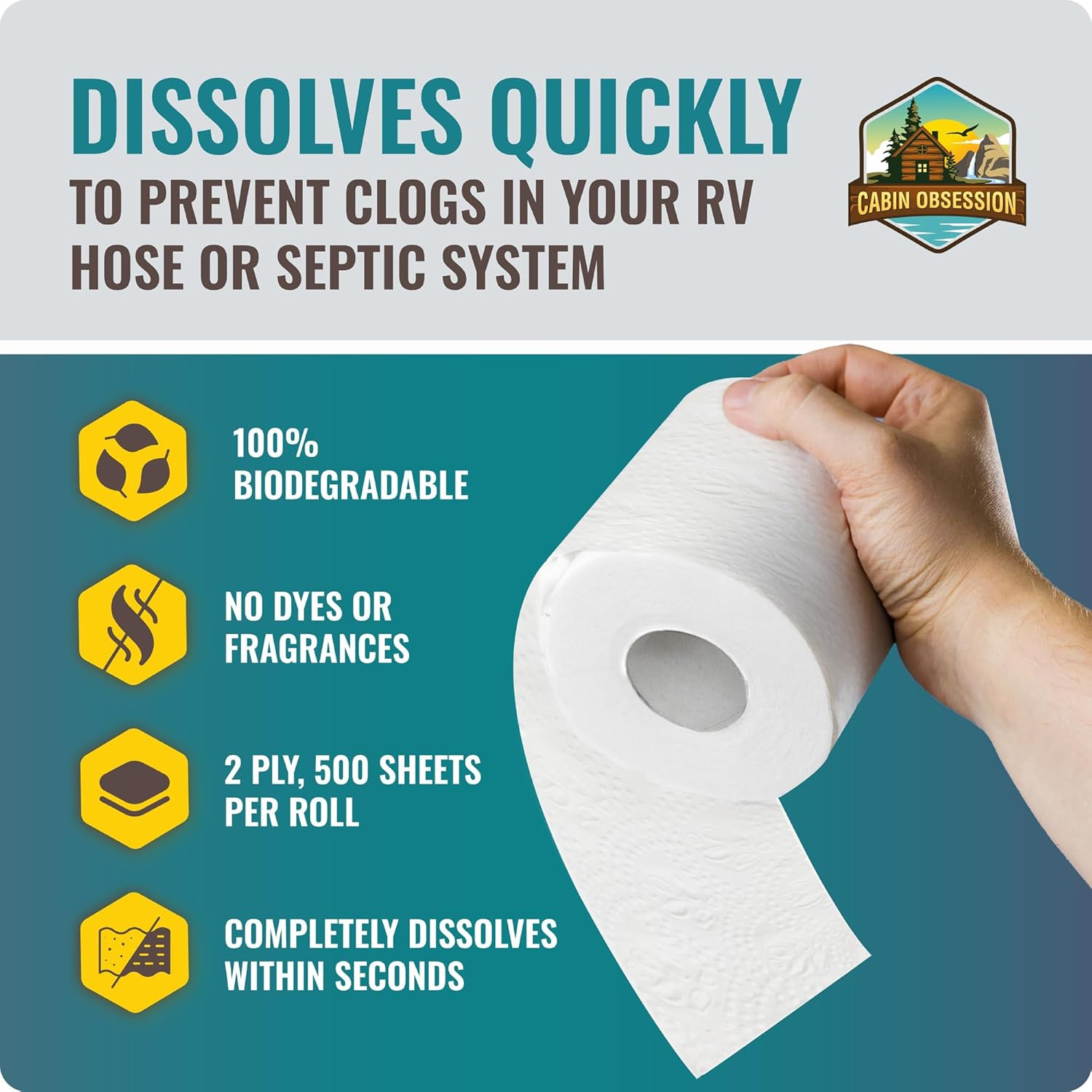 RV Toilet Paper – 12 Pack Septic Safe Toilet Paper 2-Ply Quick Dissolving Camper